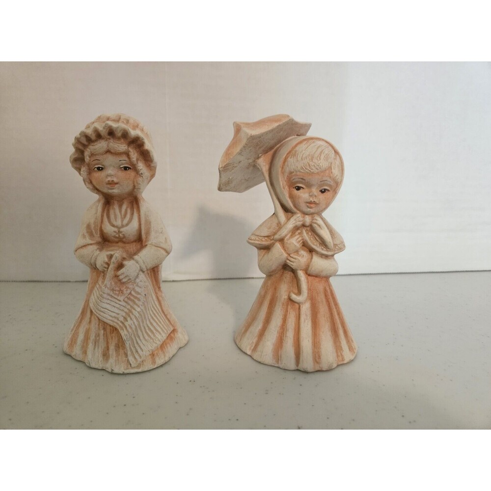 Vintage 70's Ceramic Girl Set Of 2 Dress Clothes Large Hats Umbrella Statues MCM